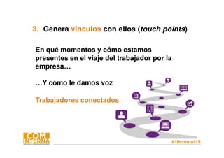 #10comint15
3. Genera vínculos con ellos (touch points)
En qué momentos y cómo estamos
presentes en el viaje del trabajador por la
empresa…
…Y cómo le damos voz
Trabajadores conectados
 