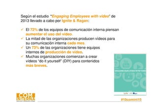 #10comint15
Según el estudio “Engaging Employees with video” de
2013 llevado a cabo por Ignite & Ragan:
El 72% de los equipos de comunicación interna piensan
aumentar el uso del vídeo.
La mitad de las organizaciones producen vídeos para
su comunicación interna cada mes.
Un 73% de las organizaciones tiene equipos
internos de producción de vídeo.
Muchas organizaciones comienzan a crear
vídeos “do it yourself” (DIY) para contenidos
más breves.
 