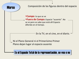 MarcoMarco Composición de las figuras dentro del espacio
•Campo: lo que se ve
•Fuera de Campo: Espacio “ausente”. No
se ve pero se sabe que está allí Espacio
diferido en el tiempo.
En la TV, en el cine, en el diario.
Ni el Plano General ni el Primerísimo Primer
Plano dejan lugar al espacio ausente
Es el Espacio Total de la representación, se vea o noEs el Espacio Total de la representación, se vea o no
 