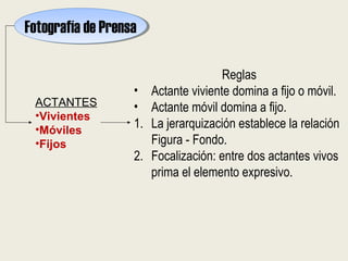 Fotografía de PrensaFotografía de Prensa
ACTANTES
•Vivientes
•Móviles
•Fijos
Reglas
• Actante viviente domina a fijo o móvil.
• Actante móvil domina a fijo.
1. La jerarquización establece la relación
Figura - Fondo.
2. Focalización: entre dos actantes vivos
prima el elemento expresivo.
 