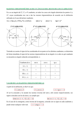 RAZONES TRIGONOMÉTRICAS DE UN ÁNGULO DEL RESTO DE LOS CUADRANTES

Si α es un ángulo del 2º, 3º, o 4º cuadrante, en todos los casos este ángulo determina los puntos A y
A”, cuyas coordenadas nos van a dar las razones trigonométricas de acuerdo con la definición
utilizada en el caso del primer cuadrante.
Así, si A(x, y) y A”(1, y”), se definen:         sen α = y        cos α = x         tg α = y”


      2º CUADRANTE:                        3er CUADRANTE                              4º CUADRANTE



                                                       α                 tg α
                  α                                    α

                                                                                        α

                               tg α                                                                    tg α




Teniendo en cuenta el signo de las coordenadas de un punto en los distintos cuadrantes, se determina
de forma inmediata el signo de las razones trigonométricas de un ángulo si se sabe en qué cuadrante
se encuentra su ángulo reducido correspondiente. α


                      Cuadrante de α           sen α            cos α            tg α

                          I (+, +)               +               +                +

                          II (−, +)              +               −                −

                         III (−, −)              −               −                +

                         IV (+, −)               −               +                −


VALOR DE LAS RAZONES TRIGONOMÉTRICAS

A partir de la definición, es fácil ver que:
             −1 ≤ sen α ≤ 1                    −1 ≤ cos α ≤ 1                    − ∞ < tg α < + ∞
Al ser la cosecante y la secante las razones inversas del seno y del coseno respectivamente, sus
signos coinciden con los de éstos y se cumple que:
          cosec α ∈ (− ∞, −1] ∪ [1, + ∞]                                sec α ∈ (− ∞, −1] ∪ [1, + ∞)
En el caso de la cotangente, como inversa de la tangente, coincide con su signo en cada cuadrante y
puede tomar cualquier valor real.       − ∞ < cotg α < + ∞

                                                       9
 