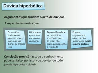 Dúvida hiperbólicaArgumentos que fundam o acto de duvidar A experiência mostra que: Os sentidos podem errar algumas vezes, logo, não são dignos de crédito total Por nos enganarmos às vezes, não sabemos se existe alguma certezaHá homens que erram mesmo ao raciocinarTemos dificuldade em identificar a verdade, pois às vezes não distinguimos sonho e realidadeConclusão provisória: todo o conhecimento pode ser falso, por isso, vou duvidar de tudo (dúvida hiperbólica – global).
