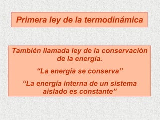 Primera ley de la termodinámica También llamada ley de la conservación de la energía. “ La energía se conserva” “ La energía interna de un sistema aislado es constante” 