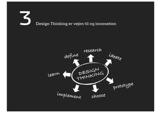 3   Design Thinking er vejen til ny innovation




                             research
                   define                 idea
                                               t e

                            SIGN G
                          DE KIN
          learn
                         THIN
                                                      e
                                            pr ototyp
               impleme
                        nt       choose
 