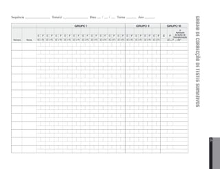 45 
GRELHA DE CORRECÇÃO DE TESTES SUMATIVOS 
GRUPO I GRUPO II GRUPO III 
(C + F) (C + F) (C + F) (C + F) (C + F) (C + F) (C + F) (C + F) (C + F) (C + F) (C + F) (C + F) (C + F) (C + F) 
C F 
D 
Aplicação 
do factor de 
Desvalorização 
Sequência Tema(s) Data / / Turma Ano 
C F C F C F C F C F C F C F C F C F C F C F C F C F C F 
Número Nome (C + F — D)* 
 