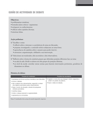 51 
GUIÃO DE ACTIVIDADE DE DEBATE 
Objectivos: 
• problematizar temáticas; 
• formular juízos críticos / argumentar; 
• enriquecer os conhecimentos; 
• reflectir sobre opiniões diversas; 
• sintetizar ideias. 
Acção preliminar: 
1.° Escolher o tema: 
• reflectir sobre o interesse e a pertinência do tema em discussão; 
• preparar, investigando, o conteúdo teórico subjacente ao tema-fonte; 
• apetrechar-se de opiniões sobre o assunto para poder intervir; 
• estruturar a argumentação, validando a sua intervenção. 
2.° Seleccionar um moderador, dois secretários e dois observadores. 
3.° Reflectir sobre a forma de constituir grupos que defendam posições diferentes face ao tema: 
• na sala de aula: dividir os alunos em dois grupos de posições distintas; 
• ao nível da escola: convidar outras turmas para fazerem intervenções pertinentes, geradoras de 
dinamismo no debate. 
Dinâmica do debate: 
Funções do moderador Funções dos secretários 
• esclarecer de forma sucinta a temática a ser discutida; 
• iniciar o debate; 
• dar a palavra aos intervenientes, seguindo a ordem 
dos registos apontados pelos observadores; 
• fazer o ponto da situação, através de pequenas 
sínteses parcelares; 
• clarificar ideias; 
• evitar o ataque pessoal e a agressividade; 
• apresentar as conclusões. 
Nota: O moderador deve actuar de modo imparcial e rigoroso. 
• registar o nome dos que desejam intervir, segundo a 
ordem do pedido da palavra; 
• fazer o relato do debate. 
 