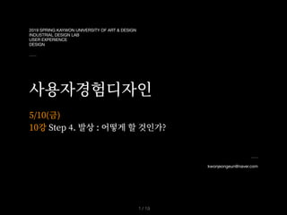 2019 SPRING KAYWON UNIVERSITY OF ART & DESIGN

INDUSTRIAL DESIGN LAB

USER EXPERIENCE

DESIGN
사용자경험디자인
kwonjeongeun@naver.com

5/10(금)
10강 Step . 발상 : 어떻게 할 것인가?
/ 191
 