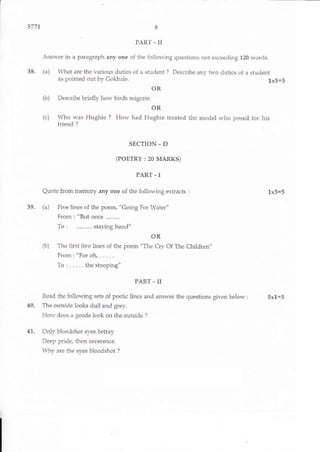 577'l
PART - II
Ansh'er in a paragraph any one of the iol1ou'ing questions not exceeding 120 words.
38. (a) What are the vadous duties of a student ? Describe anv two duties of a student
as pointed out b], Col&ale. 1x5=5
OR
(b) Describe briefly how birds migate.
OR
(.) Who was Hughie ? Horn-had Hughie treated the frodel nho posed for his
friend ?
;ECTION - D
(POETRY : 20 MARKS)
PART - I
Quote from memory any one of the following exfuacts : 1x5=s
39. (a) Five lines oI the poem, "Going For Water"
From : "But once..,......,
To: ......... staying hand"
OR
(b) The first five lines of the poem "The Crv Of The Crildren"
lrorr:'foroh,.....
To:.....thestooping"
PART - II
Read the following sets of poetic lines and answer the questiolls given below | 5x1=5
40. The outside looks du1l afld grey.
Horv docs a geode look on the outside ?
41. Only bloodsliot eves betray
Deep pride, then reverence.
 41y are ihe e),es bloodshot ?
W,fl{e{1-rr*.3i A :'-'J U
g s; $ a L r: * ru:
 