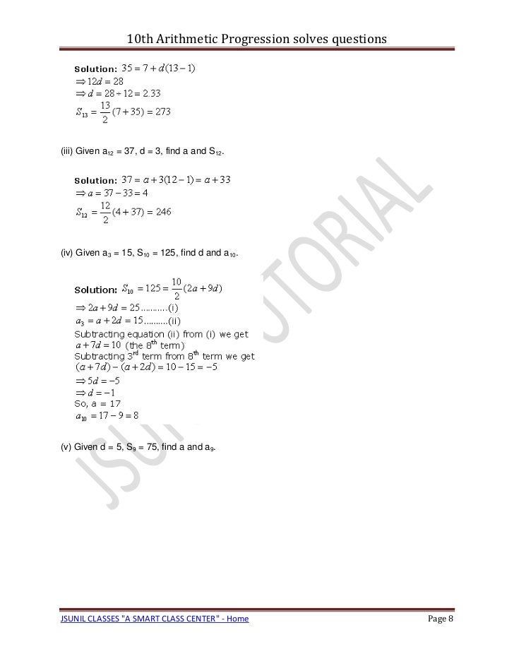 10th arithmetic progression solves questions