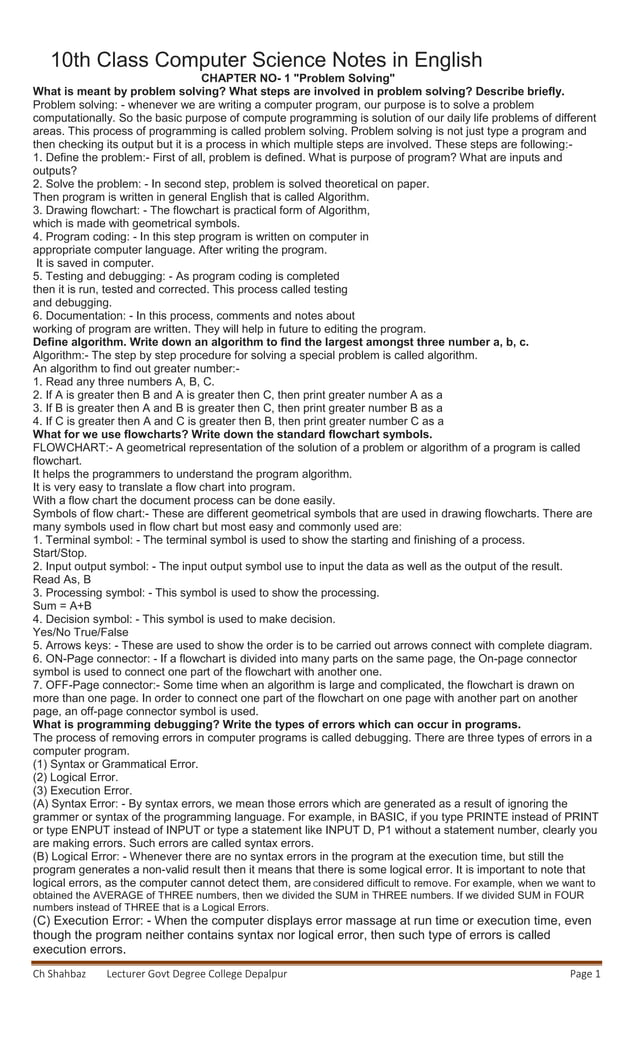 10th class computer science notes in english by cstechz | PDF ...