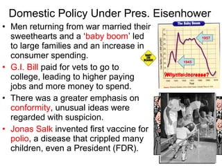 • Men returning from war married their
sweethearts and a ‘baby boom’ led
to large families and an increase in
consumer spending.
• G.I. Bill paid for vets to go to
college, leading to higher paying
jobs and more money to spend.
• There was a greater emphasis on
conformity, unusual ideas were
regarded with suspicion.
• Jonas Salk invented first vaccine for
polio, a disease that crippled many
children, even a President (FDR).
Domestic Policy Under Pres. Eisenhower
1945
1957
Why the increase?Why the decrease?
 