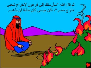 ‫ﺛﻢ ﻗﺎل اﷲ: "ﺱﺄرﺱﻠﻚ إﻟﻰ ﻓﺮﻋﻮن ﻹﺥﺮاج ﺵﻌﺒﻲ‬
 ‫ﺥﺎرج ﻣﺼﺮ"، ﻟﻜﻦ ﻣﻮﺱﻰ آﺎن ﺥﺎﺉﻔﺎ أن ﻳﺬهﺐ.‬
 