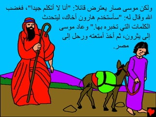 ‫وﻟﻜﻦ ﻣﻮﺱﻰ ﺹﺎر ﻳﻌﺘﺮض ﻗﺎﺉﻼ: "أﻥﺎ ﻻ أﺕﻜﻠﻢ ﺟﻴﺪا"، ﻓﻐﻀﺐ‬
           ‫اﷲ وﻗﺎل ﻟﻪ: "ﺱﺄﺱﺘﺨﺪم هﺎرون أﺥﺎك، ﻟﻴﺘﺤﺪث‬
                   ‫اﻟﻜﻠﻤﺎت اﻟﺘﻲ ﺕﺨﺒﺮﻩ ﺏﻬﺎ." وﻋﺎد ﻣﻮﺱﻰ‬
                    ‫إﻟﻰ ﻳﺜﺮون، ﺛﻢ أﺥﺬ أﻣﺘﻌﺘﻪ ورﺡﻞ إﻟﻰ‬
                                      ‫ﻣﺼﺮ.‬
 