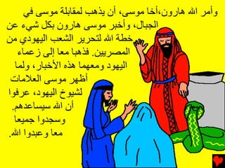 ‫وأﻣﺮ اﷲ هﺎرون،أﺥﺎ ﻣﻮﺱﻰ، أن ﻳﺬهﺐ ﻟﻤﻘﺎﺏﻠﺔ ﻣﻮﺱﻰ ﻓﻲ‬
‫اﻟﺠﺒﺎل، وأﺥﺒﺮ ﻣﻮﺱﻰ هﺎرون ﺏﻜﻞ ﺵﻲء ﻋﻦ‬
‫ﺥﻄﺔ اﷲ ﻟﺘﺤﺮﻳﺮ اﻟﺸﻌﺐ اﻟﻴﻬﻮدي ﻣﻦ‬
   ‫اﻟﻤﺼﺮﻳﻴﻦ. ﻓﺬهﺒﺎ ﻣﻌﺎ إﻟﻰ زﻋﻤﺎء‬
  ‫اﻟﻴﻬﻮد وﻣﻌﻬﻤﺎ هﺬﻩ اﻷﺥﺒﺎر، وﻟﻤﺎ‬
 ‫أﻇﻬﺮ ﻣﻮﺱﻰ اﻟﻌﻼﻣﺎت‬
‫ﻟﺸﻴﻮخ اﻟﻴﻬﻮد، ﻋﺮﻓﻮا‬
 ‫أن اﷲ ﺱﻴﺴﺎﻋﺪهﻢ.‬
  ‫وﺱﺠﺪوا ﺟﻤﻴﻌﺎ‬
‫ﻣﻌﺎ وﻋﺒﺪوا اﷲ.‬
 