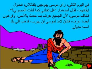‫ﻓﻲ اﻟﻴﻮم اﻟﺘﺎﻟﻲ، رأى ﻣﻮﺱﻰ ﻳﻬﻮدﻳﻴﻦ ﻳﺘﻘﺎﺕﻼن، ﻓﺤﺎول‬
  ‫إﻳﻘﺎﻓﻬﻤﺎ، ﻓﻘﺎل أﺡﺪهﻤﺎ: "هﻞ ﺕﻘﺘﻠﻨﻲ آﻤﺎ ﻗﺘﻠﺖ اﻟﻤﺼﺮي؟"،‬
‫ﻓﺨﺎف ﻣﻮﺱﻰ، ﻷن اﻟﺠﻤﻴﻊ ﻋﺮف ﺏﻤﺎ ﺡﺪث ﺏﺎﻷﻣﺲ، وﻓﺮﻋﻮن‬
   ‫أﻳﻀﺎ ﻋﺮف، ﻓﻜﺎن ﻻﺏﺪ ﻟﻤﻮﺱﻰ أن ﻳﻬﺮب، ﻓﺬهﺐ إﻟﻰ ﺏﻠﺪ‬
                                         ‫اﺱﻤﻪ ﻣﺪﻳﺎن.‬
 