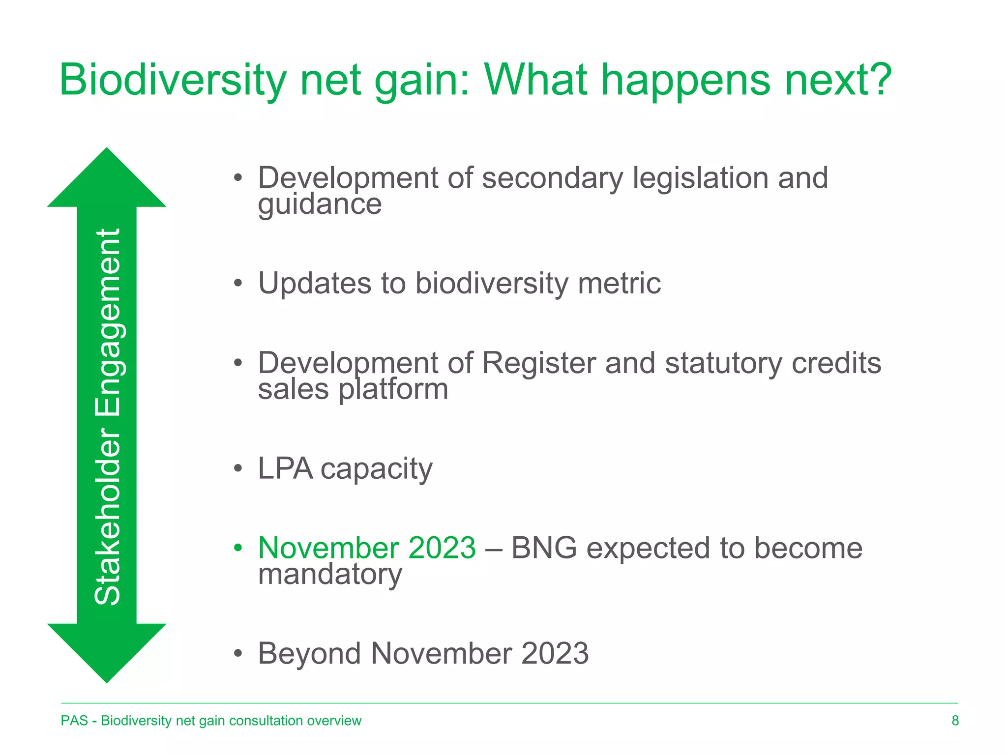 Biodiversity net gain: What happens next?
8
PAS - Biodiversity net gain consultation overview
• Development of secondary legislation and
guidance
• Updates to biodiversity metric
• Development of Register and statutory credits
sales platform
• LPA capacity
• November 2023 – BNG expected to become
mandatory
• Beyond November 2023
Stakeholder
Engagement
 
