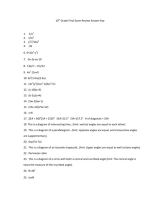 10th Grade Final Exam Review Answer Key<br />,[object Object]