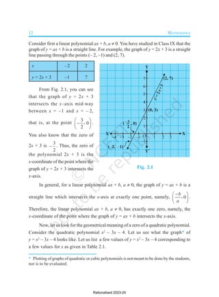 12 MATHEMATICS
Consider first a linear polynomial ax + b, a  0. You have studied in Class IX that the
graph of y = ax + b is a straight line. For example, the graph of y = 2x + 3 is a straight
line passing through the points (– 2, –1) and (2, 7).
x –2 2
y = 2x + 3 –1 7
From Fig. 2.1, you can see
that the graph of y = 2x + 3
intersects the x-axis mid-way
between x = –1 and x = – 2,
that is, at the point
3, 0
2
 

 
 
.
You also know that the zero of
2x + 3 is
3
2
 . Thus, the zero of
the polynomial 2x + 3 is the
x-coordinate of the point where the
graph of y = 2x + 3 intersects the
x-axis.
In general, for a linear polynomial ax + b, a  0, the graph of y = ax + b is a
straight line which intersects the x-axis at exactly one point, namely, , 0
b
a

 
 
 
.
Therefore, the linear polynomial ax + b, a  0, has exactly one zero, namely, the
x-coordinate of the point where the graph of y = ax + b intersects the x-axis.
Now, let us look for the geometrical meaning of a zero of a quadratic polynomial.
Consider the quadratic polynomial x2
– 3x – 4. Let us see what the graph* of
y = x2
– 3x – 4 looks like. Let us list a few values of y = x2
– 3x – 4 corresponding to
a few values for x as given in Table 2.1.
* Plotting of graphs of quadratic or cubic polynomials is not meant to be done by the students,
nor is to be evaluated.
Fig. 2.1
Rationalised 2023-24
 