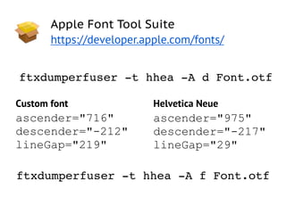Apple Font Tool Suite
       https://developer.apple.com/fonts/


ftxdumperfuser -t hhea -A d Font.otf

Custom font                Helvetica Neue
ascender="716"             ascender="975"
descender="-212"           descender="-217"
lineGap="219"              lineGap="29"

ftxdumperfuser -t hhea -A f Font.otf
 