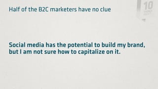 Half of the B2C marketers have no clue




Social media has the potential to build my brand,
but I am not sure how to capitalize on it.
 