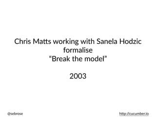@sebrose h)p://cucumber.io
Chris Ma)s working with Sanela Hodzic
formalise
“Break the model”
2003
 