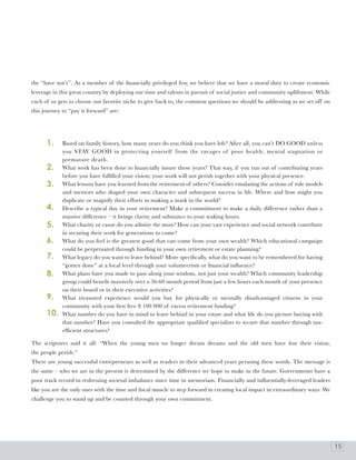 the “have not’s”. As a member of the financially privileged few, we believe that we have a moral duty to create economic
leverage in this great country by deploying our time and talents in pursuit of social justice and community upliftment. While
each of us gets to choose our favorite niche to give back to, the common questions we should be addressing as we set off on
this journey to “pay it forward” are:




      1.     Based on family history, how many years do you think you have left? After all, you can’t DO GOOD unless
             you STAY GOOD in protecting yourself from the ravages of poor health, mental stagnation or
             premature death.
      2.     What work has been done to financially insure those years? That way, if you run out of contributing years
             before you have fulfilled your vision; your work will not perish together with your physical presence.
      3.     What lessons have you learned from the retirement of others? Consider emulating the actions of role models
             and mentors who shaped your own character and subsequent success in life. Where and how might you
             duplicate or magnify their efforts in making a mark in the world?
      4.     Describe a typical day in your retirement? Make a commitment to make a daily difference rather than a
             massive difference – it brings clarity and substance to your waking hours.
      5.     What charity or cause do you admire the most? How can your vast experience and social network contribute
             in securing their work for generations to come?
      6.     What do you feel is the greatest good that can come from your own wealth? Which educational campaign
             could be perpetuated through funding in your own retirement or estate planning?
      7.     What legacy do you want to leave behind? More specifically, what do you want to be remembered for having
             “gotten done” at a local level through your volunteerism or financial influence?
      8.     What plans have you made to pass along your wisdom, not just your wealth? Which community leadership
             group could benefit massively over a 36-60 month period from just a few hours each month of your presence
             on their board or in their executive activities?
      9.     What treasured experience would you buy for physically or mentally disadvantaged citizens in your
             community with your first free $ 100 000 of excess retirement funding?
      10.    What number do you have in mind to leave behind in your estate and what life do you picture buying with
             that number? Have you consulted the appropriate qualified specialists to secure that number through tax-
             efficient structures?

The scriptures said it all: “When the young men no longer dream dreams and the old men have lost their vision,
the people perish.”
There are young successful entrepreneurs as well as readers in their advanced years perusing these words. The message is
the same – who we are in the present is determined by the difference we hope to make in the future. Governments have a
poor track record in redressing societal imbalance since time in memoriam. Financially and influentially-leveraged leaders
like you are the only ones with the time and fiscal muscle to step forward in creating local impact in extraordinary ways. We
challenge you to stand up and be counted through your own commitment.




                                                                                                                                15
 