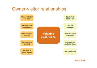Owner-visitor relationships
We want to
build loyalty
We want to tell
our story
I got what
I came for
I got the
message
I think it sounds
reasonable
I’m ready to
deal with them
I will come back
We want to be
understood
We want to be
believed
We want to be
trusted
Valuable
experience
 