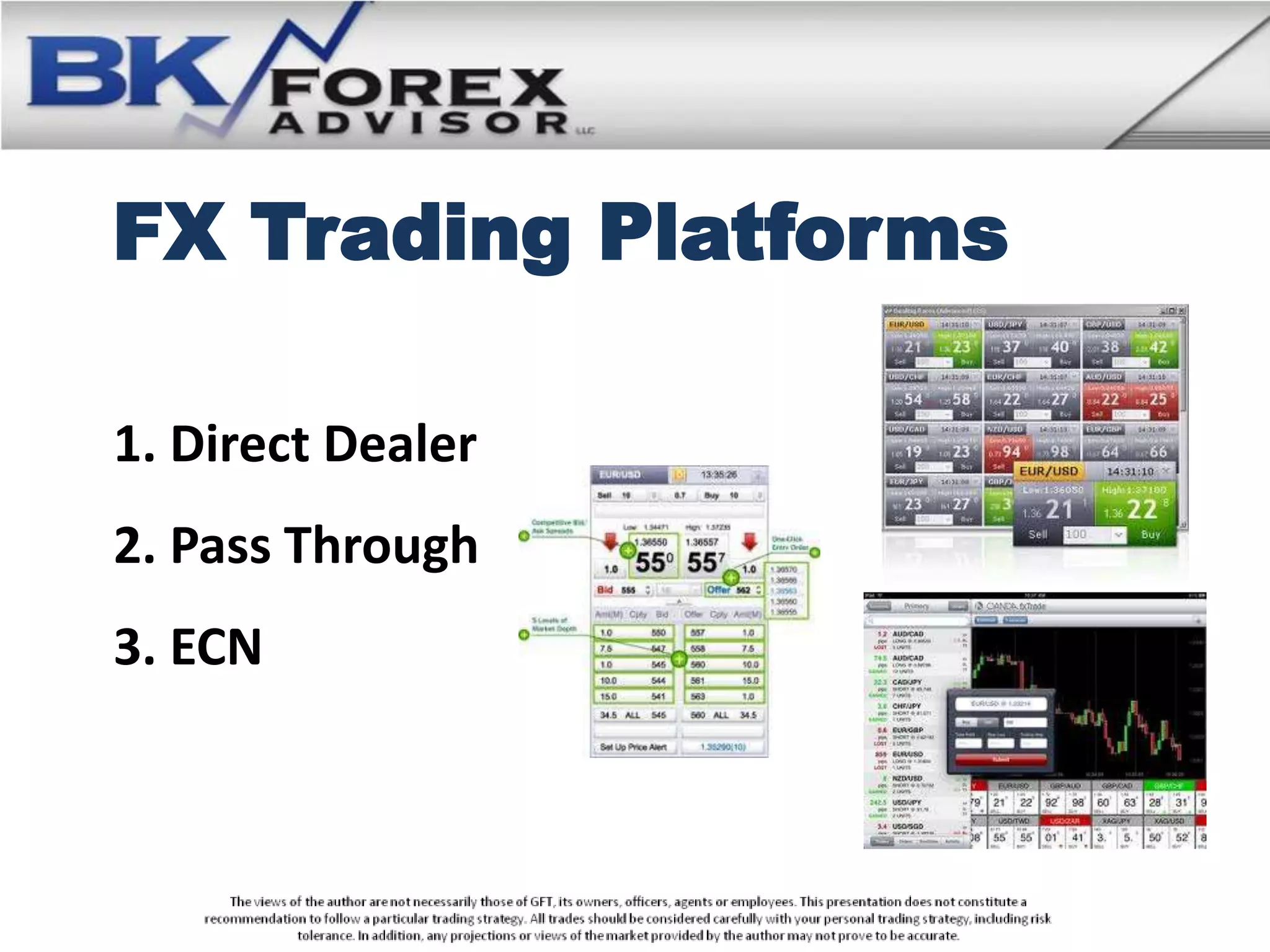 FX Trading Platforms

1. Direct Dealer
2. Pass Through
3. ECN
 