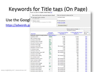 Keywords for Title tags (On Page)<br />Use the Google Keyword Tool<br />https://adwords.google.com/select/KeywordToolExter...