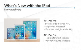 What’s New with the iPad
New hardware
10” iPad Pro
- Successor to the iPad Air 2
-  Upgraded processor
-  Excellent sunlight readability
13” iPad Pro
-  Too big for most cockpits
-  Very few mounts available
 