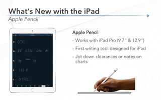 What’s New with the iPad
Apple Pencil
Apple Pencil
-  Works with iPad Pro (9.7” & 12.9”)
-  First writing tool designed for iPad
-  Jot down clearances or notes on
charts
 