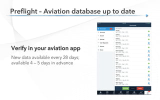 Verify in your aviation app
New data available every 28 days;
available 4 – 5 days in advance
Preﬂight – Aviation database up to date
 