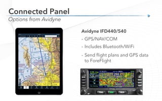 Connected Panel
Options from Avidyne
Avidyne IFD440/540
-  GPS/NAV/COM
-  Includes Bluetooth/WiFi
-  Send flight plans and GPS data
to ForeFlight
 
