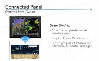 Connected Panel
Options from Dynon
Dynon SkyView
-  Experimental panel-mounted
avionics system
-  Requires Dynon WiFi Adapter
-  Send flight plans, GPS data and
pitch/bank (AHRS) to ForeFlight
 