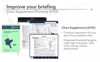 Chart Supplement (Formerly A/FD)
Improve your brieﬁng
Chart Supplement (A/FD)
-  Contains important info you
won’t find anywhere else
-  Displaced threshold lengths,
night light activation, calm
wind runway, nearby
obstructions
 