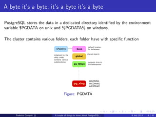 A byte it’s a byte, it’s a byte it’s a byte
PostgreSQL stores the data in a dedicated directory identiﬁed by the environment
variable $PGDATA on unix and %PGDATA% on windows.
The location is initialized by the utility initdb and contains various subdirectories.
Each folder have a speciﬁc function. Also known as the cluster
Figure: PGDATA
Federico Campoli () A couple of things to know about PostgreSQL... 9 July 2013 5 / 58
 