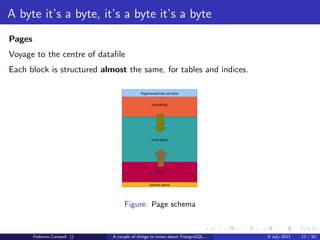 A byte it’s a byte, it’s a byte it’s a byte
The base directory
Each subdirectory contains.....just guess.... numeric ﬁles
Each ﬁle can grow at max 1 Gb, then a new chunk is generated with a sequence
number suﬃx
The data ﬁles are organized in ﬁxed size blocks, by default 8192 bytes.
Federico Campoli () A couple of things to know about PostgreSQL... 9 July 2013 8 / 58
 