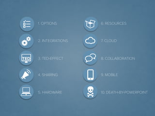 © Presentitude 
TED 
1. OPTIONS 
2. INTEGRATIONS 
3. TED-EFFECT 
4. SHARING 
5. HARDWARE 
6. RESOURCES 
7. CLOUD 
8. COLLABORATION 
9. MOBILE 
10. DEATH-BY-POWERPOINT  