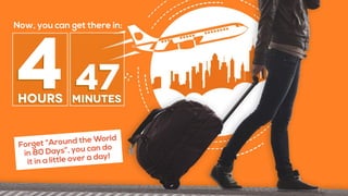 47minutes
Now, you can get there in:
Forget “Around the World
in 80 Days”, you can do
it in a little over a day!
4hours
 