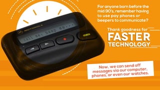 faster
For anyone born before the
mid 90’s, remember having
to use pay phones or
beepers to communicate?
Now, we can send off
messages via our computer,
phones, or even our watches.
Thank goodness for
technology
 