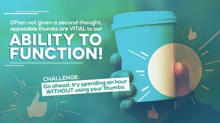 ability to
function!
Go ahead, try spending an hour
WITHOUT using your thumbs.
CHALLENGE:
Often not given a second thought,
opposable thumbs are VITAL to our
 