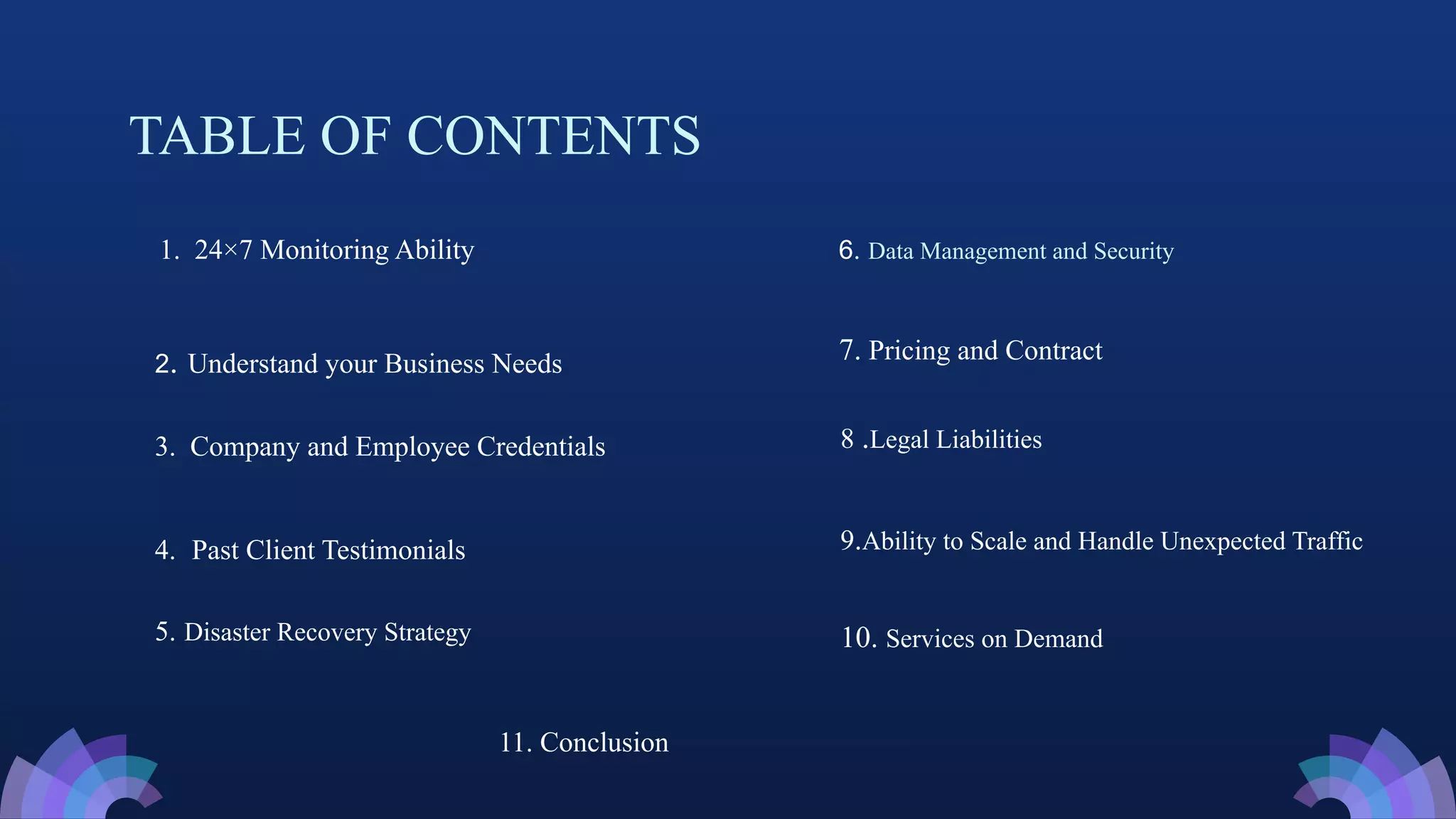 TABLE OF CONTENTS
1. 24×7 Monitoring Ability
2. Understand your Business Needs
5. Disaster Recovery Strategy
3. Company and Employee Credentials
4. Past Client Testimonials
6. Data Management and Security
7. Pricing and Contract
11. Conclusion
8 .Legal Liabilities
9.Ability to Scale and Handle Unexpected Traffic
10. Services on Demand
 