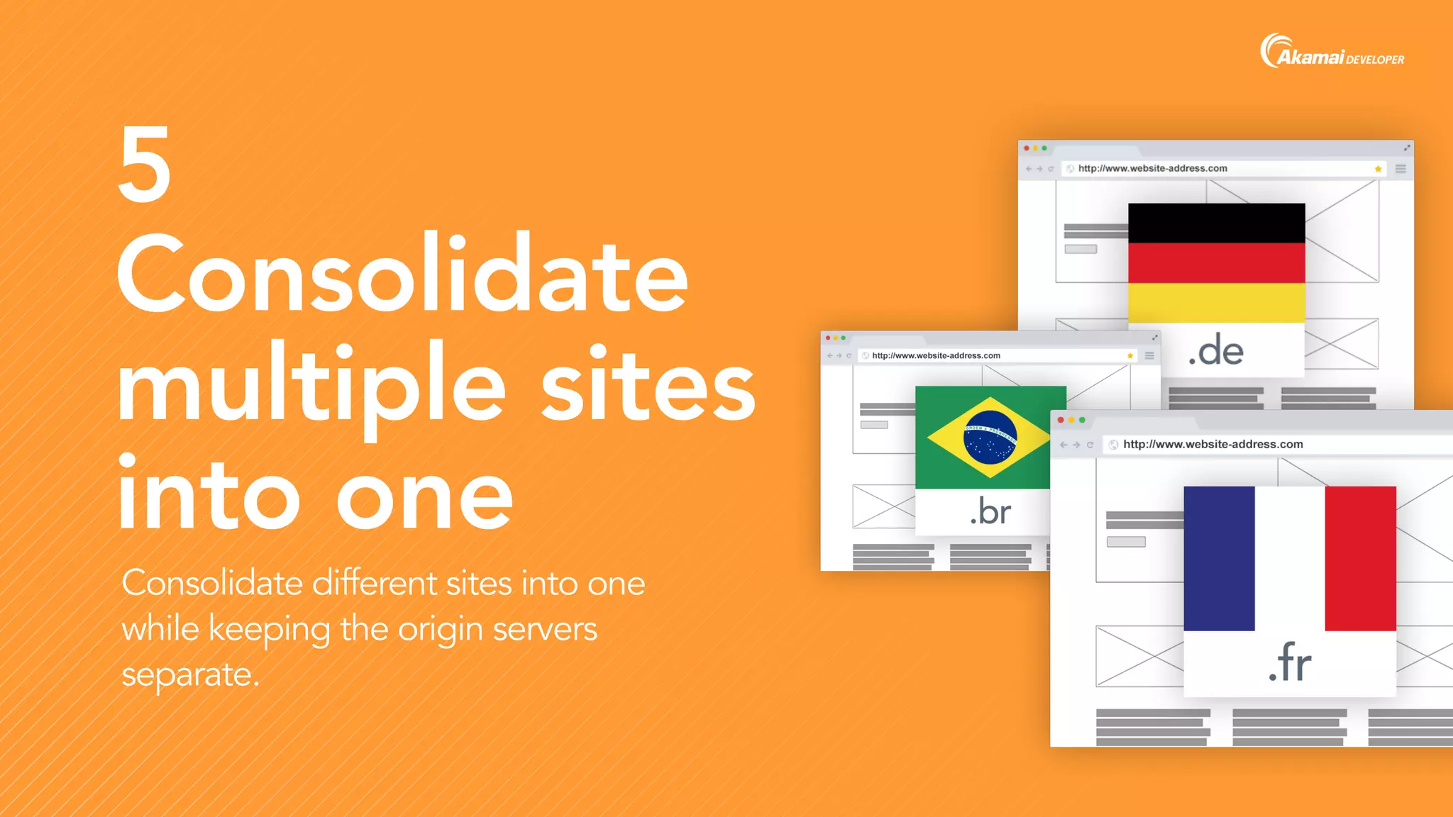 5
Consolidate
multiple sites
into one
Consolidate different sites into one
while keeping the origin servers
separate.
 