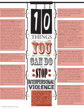Educate yourself on the signs and cues you
might notice as a bystander that could cue you to
a potential sexual assault. Examples: isolating
someone, using alcohol to incapacitate, ignoring
limits and boundaries, direct pre-party planning
and targeting.Trust your gut. If something looks
like it might not be a good situation, it probably
isn’t.
Consider barriers that might stop you from
intervening (such as fear, don't want to make a
scene, concern of peer response, possible
embarrassment). Given your barriers, consider
REALISTIC alternatives that could work for you
by remembering the 3 D's: DIRECT - "Are you
okay?" - "I think she wants you to back off." -
"I'm worried about what's happening here."
DELEGATE - ask your extroverted best friend
to step in, talk to a supervisor, give an
anonymous note to a trusted professor, engage a
bartender, party host, law enforcement officer or
faith leader, etc. DISTRACT - "Let's get out of
here and get some food." - "Hey man, your car
is getting towed." - "Check out this video." -
"I'm feeling sick, can you come with me to the
bathroom?"
Check in if you are concerned about someone.
Learn about the resources in your community for
victims of violence so you know how to help
someone if they get hurt.
Plan ahead: If you and your friends or
colleagues are going out for the night, make a
plan so everyone gets back home safely, then
follow through with it.
Stop it before it happens! Communicate
clear norms in your daily life: (1)Violence
won't be tolerated, and (2)We are all
committed to looking out for each other.
—Post a cool bystander video on your
Facebook feed —"Like" and share posts that
highlight the role we can all play —Strike up a
conversation with friends, family members,
classmates and colleagues about the impor-
tance of this issue to you —Get your student
organization or workplace involved in
bystander training, awareness events and
visible support of violence prevention —Write
letters to the editor about the importance of
this issue —Tweet, Instagram,Vine…find
creative ways to use media to model, endorse
and support bystander intervention and the
importance of getting involved —Create a
hashtag to post stories of intervention
88
developed by Green Dot etc., Inc. 2014
8
Supervisors: Incorporate prevention efforts
into the strategic plan of your organization.
Learn about the best evidence-based strategies to
prevent interpersonal violence and allocate
funding to support staff and programs which
address the issue. Regularly include messages of
commitment to prevention in talking points to
your Board ofTrustees, staff, press and work
force. Include similar messages in publications,
on your website, in your signage, in your offices
and in common meeting spaces.
Go above the minimum standards. When
developing, funding, and implementing your
violence prevention initiatives, make reducing
violence your goal instead meeting mandates.
Wear an “end violence” button on your
backpack, briefcase or purse - or an anti-vio-
lence t-shirt and get your “elevator speech”
ready. Be ready with a quick statement about
why ending violence is important to you when
someone asks you about your shirt/button.
Faculty/Teachers: Because rates of
interpersonal violence are so high in
our educational institutions - Include a
statement of support for victims and commit-
ment to prevention on your syllabus. Have
bystander tips rotating on your Powerpoint
before class starts. Invite resource centers to
spend a few minutes in class to talk about
resources and efforts. Create assignments for
your students which help them think about
their roles as bystanders and encourage them
to act.
Community or School-based Coaches:
Send your team to training on these issues at least
once a year. Hang posters with bystander ideas
for team members in the gym and workout
facilities. Develop a team safety message as a
part of the team goals stressing the importance
that team members look out for each other on
AND off the field.
Every day, every one of us is a
bystander to the reality that too
many people are experiencing
violence in our communities. No
matter your position - consider
the daily actions you can take
within your sphere of influence
to reduce violence in the moment
and contribute to a cultural shift
that is intolerant of any form of
violence.
 