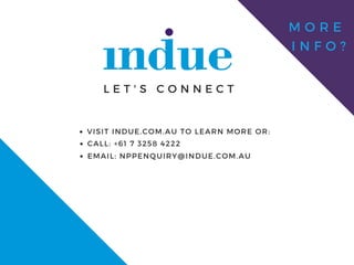M O R E ?
I N F O ?
L E T ' S C O N N E C T
CALL: +61 7 3258 4222
EMAIL: NPPENQUIRY@INDUE.COM.AU
VISIT INDUE.COM.AU TO LEARN MORE OR:
 