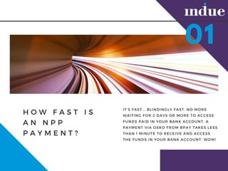 H O W F A S T I S
A N N P P
P A Y M E N T ?
ITS FAST... BLINDINGLY FAST. NO MORE
WAITING FOR 2 DAYS OR MORE TO ACCESS
FUNDS PAID IN YOUR BANK ACCOUNT. A
PAYMENT VIA OSKO FROM BPAY TAKES LESS
THAN 1 MINUTE TO RECEIVE AND ACCESS
THE FUNDS IN YOUR BANK ACCOUNT. WOW!
01
 