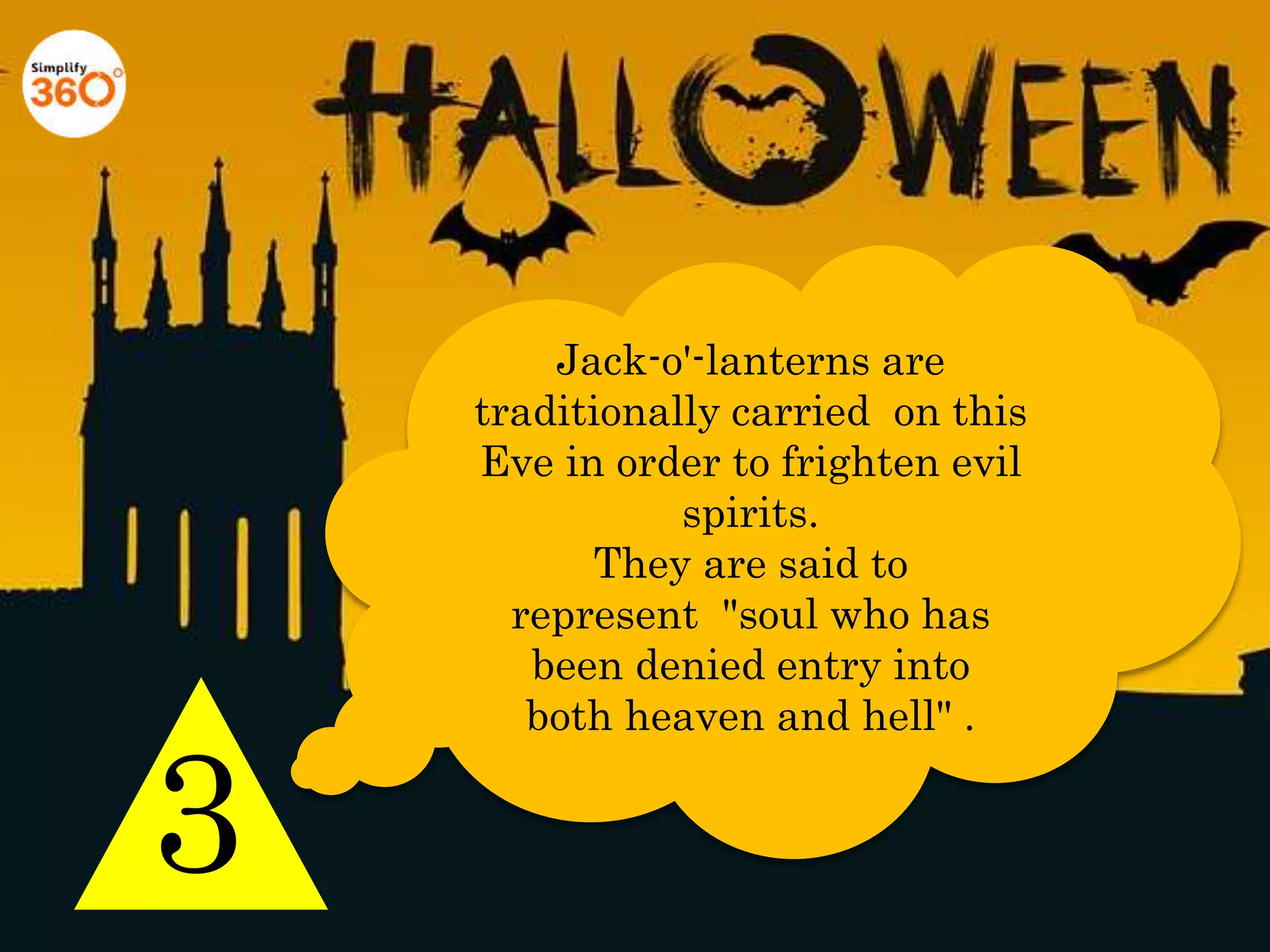 3 
Jack-o'-lanterns are traditionally carried on this Eve in order to frighten evil spirits. 
They are said to represent "soul who has been denied entry into both heaven and hell" .  