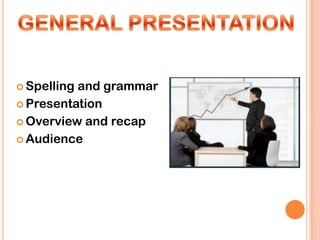  Spellingand grammar
 Presentation

 Overview and recap

 Audience
 