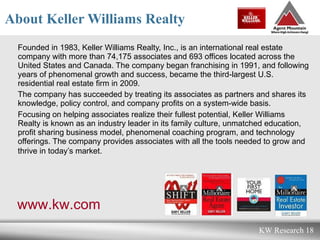 About Keller Williams Realty Founded in 1983, Keller Williams Realty, Inc., is an international real estate company with more than 74,175 associates and 693 offices located across the United States and Canada. The company began franchising in 1991, and following years of phenomenal growth and success, became the third-largest U.S. residential real estate firm in 2009.  The company has succeeded by treating its associates as partners and shares its knowledge, policy control, and company profits on a system-wide basis.  Focusing on helping associates realize their fullest potential, Keller Williams Realty is known as an industry leader in its family culture, unmatched education, profit sharing business model, phenomenal coaching program, and technology offerings. The company provides associates with all the tools needed to grow and thrive in today’s market.   www.kw.com 