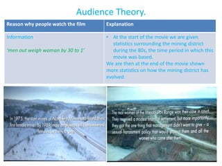 Audience Theory.
Reason why people watch the film   Explanation

Information                        • At the start of the movie we are given
                                      statistics surrounding the mining district
‘men out weigh woman by 30 to 1’      during the 80s, the time period in which this
                                      movie was based.
                                   We are then at the end of the movie shown
                                   more statistics on how the mining district has
                                   evolved.
 